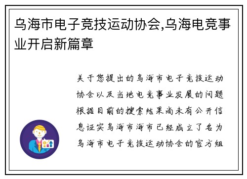乌海市电子竞技运动协会,乌海电竞事业开启新篇章